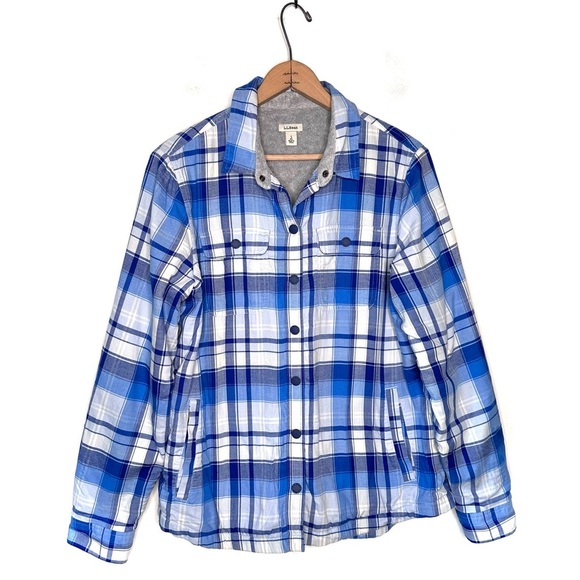 L.L. Bean Women's Fleece-Lined Flannel Shirt Snap-Front Plaid Blue Capri Size S - Picture 3 of 12